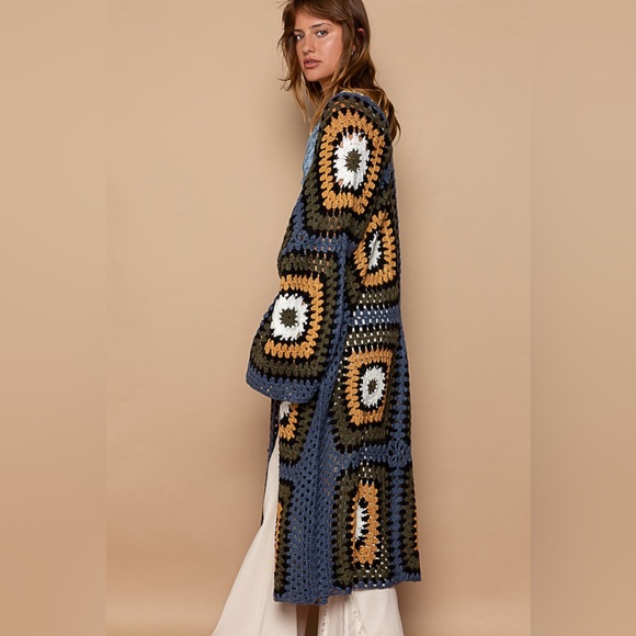 #116 New! Pol Gorgeous Long Crochet Knitted Sweater Coat - Picture 3 of 3